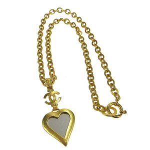 AUTHENTIC CHANEL CC Logos Heart Motif Mirror Charm Gold Chain Necklace